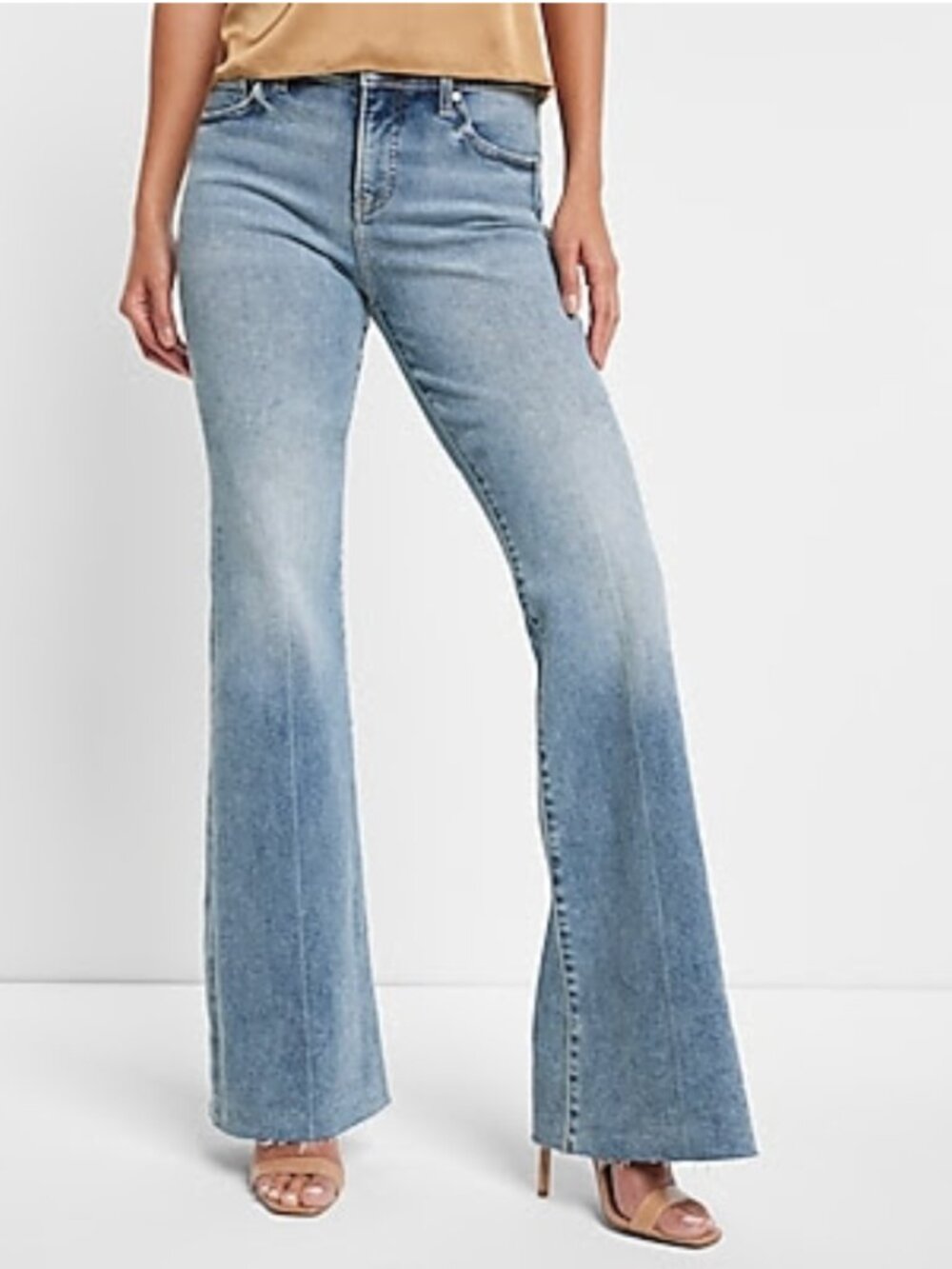Express Mid Rise Light Wash Raw Hem 70s Flare Jeans